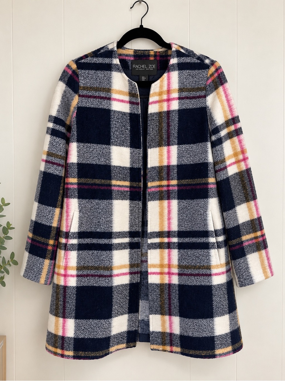 Rachel Zoe Womens Wool Blend Open Front Long Jacket Multicolor Plaid Size Medium